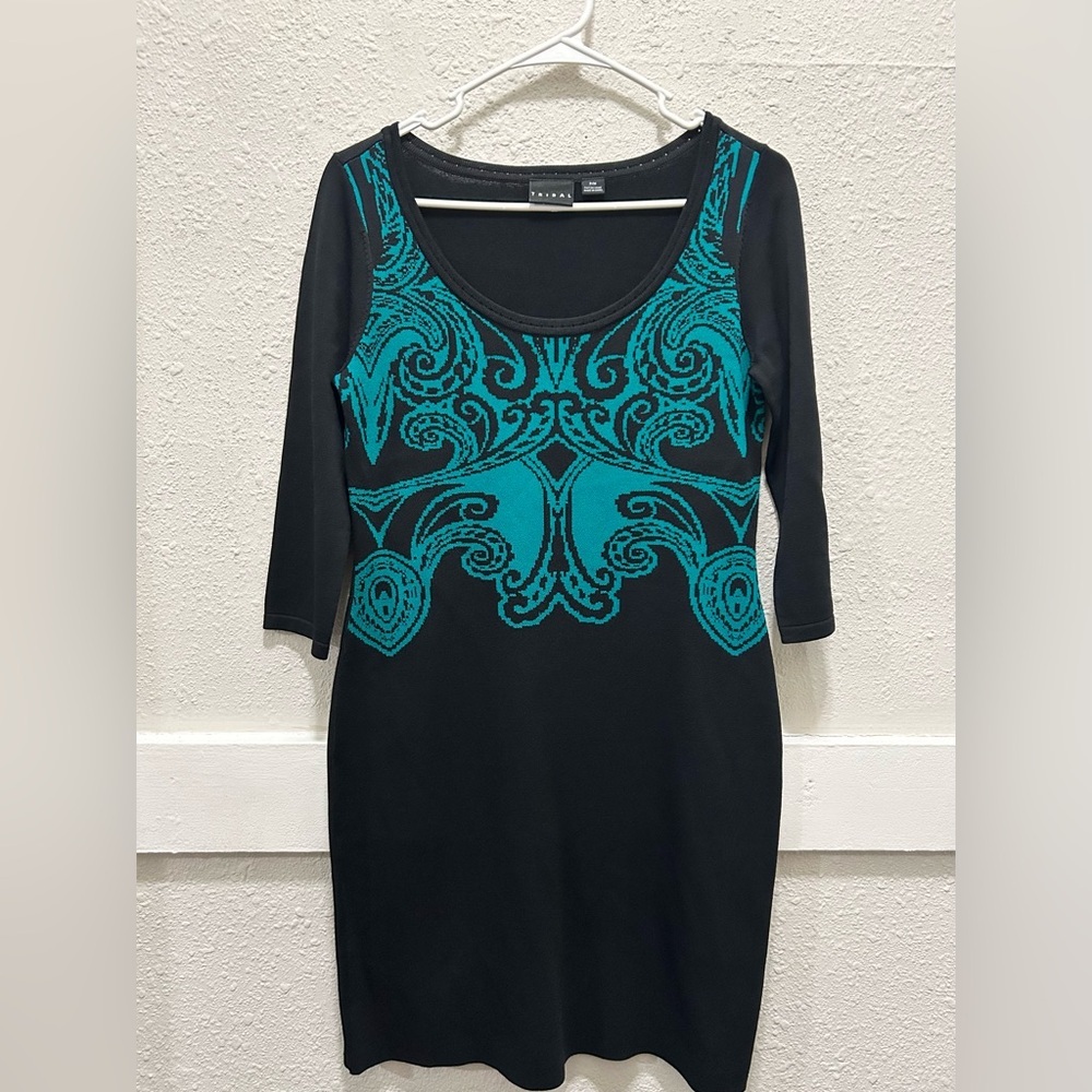 Tribal Teal and Black 3/4 Sleeve Dress Size P/M